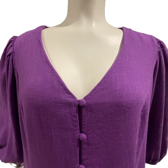J.Jill Petite M Purple Puff Sleeve Linen Blend Midi Dress Button Front Boho - Picture 3 of 13